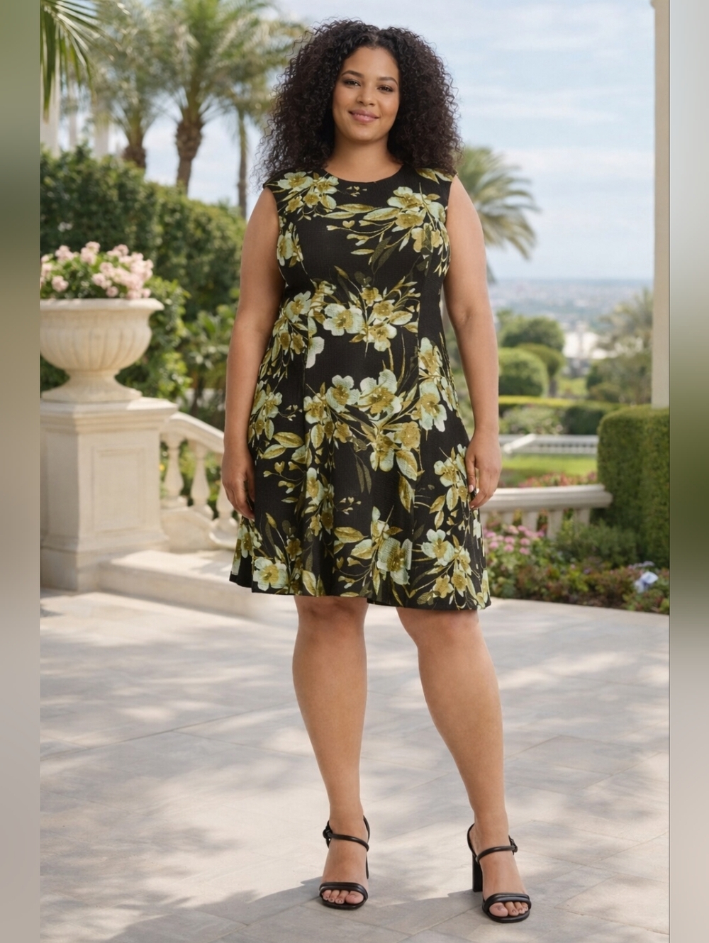 Connected Apparel Black and Cream Floral Dress. NWT size 8